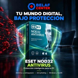 Antivirus ESET NOD32, caja y logo de belaf center