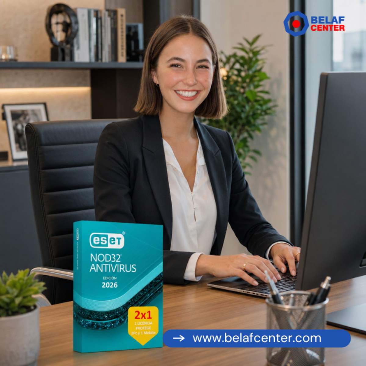 Antivirus ESET NOD32 2x1 Antivirus ESET NOD32, al lado chica con su computadora