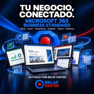 Microsoft 365 business, con una laptop al centro y logo de belaf center