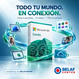 Microsoft 365 familia presentación en caja con logo de belaf center