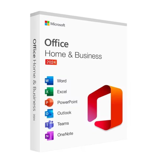Office hogar y empresas 2024; caja con lista de aplicaciones.