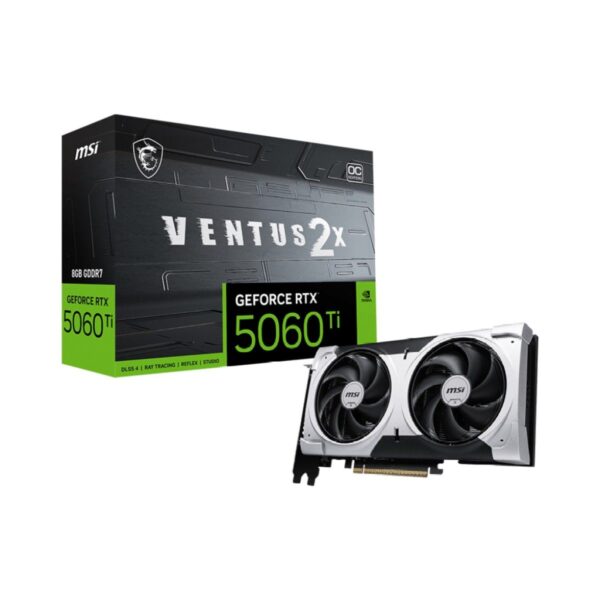 Tarjeta de video MSIGeForce RTX 5060 Ti, presentación en caja verde con negro.