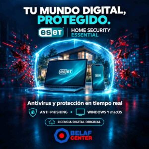 Eset Home Security Essential laptop, celular y logo de belaf center