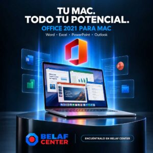 office 2021 para Mac, laptop al centro y el logo de belaf center