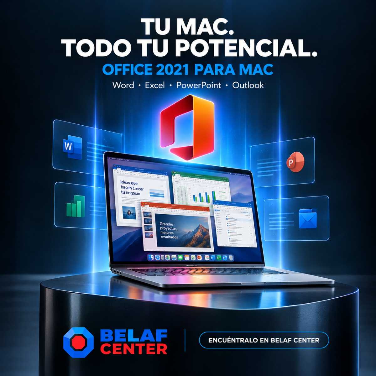 Office 2021 para Mac ESD office 2021 para Mac, laptop al centro y el logo de belaf center