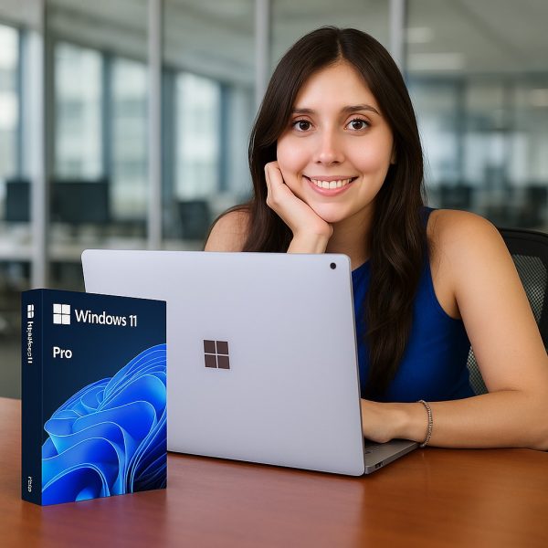 Windows 11 pro oem, chica en laptop