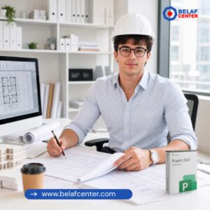 Project profesional 2024 con arquitecto frente a computadora y logo de belaf center