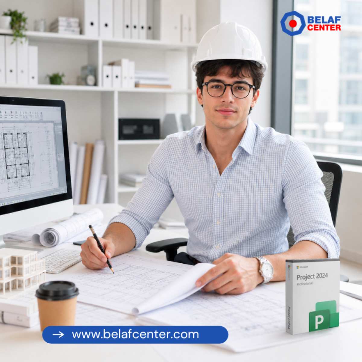 Project profesional 2024 Project profesional 2024 con arquitecto frente a computadora y logo de belaf center